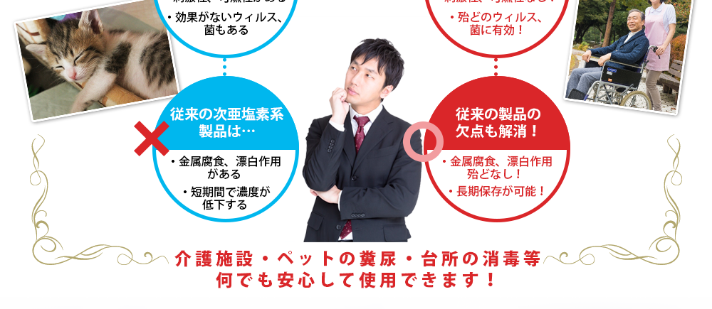 ヴィガードなら介護施設・ペットの糞尿・台所の消毒等何でも安心して使用できます!